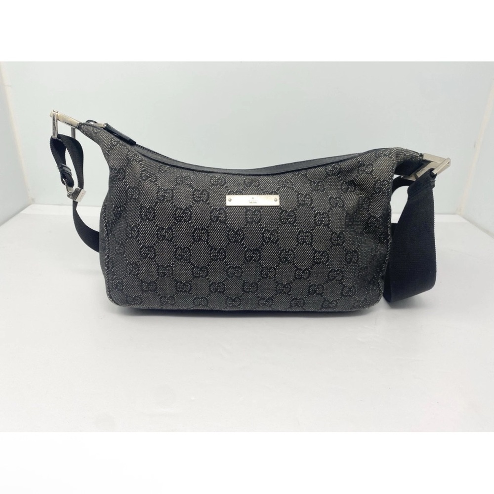 Gucci Black Denim Monogram Hobo Half Moon Shoulder Bag